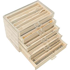 Necklace Organizer Box 5 Drawers Necklace Holder Organzer with 30 Compartments Velvet Necklaces Display Case with Lid Acrylic Jewelry Organizer for Necklace Pendant Chains (Beige)