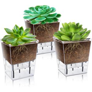 Self Watering Pots Set, 3 Pack 2.7 Inch Pots for Indoor Plants, Clear Nursery Planter with Deep Reservoir for Succulents, Seedlings, Small Plants