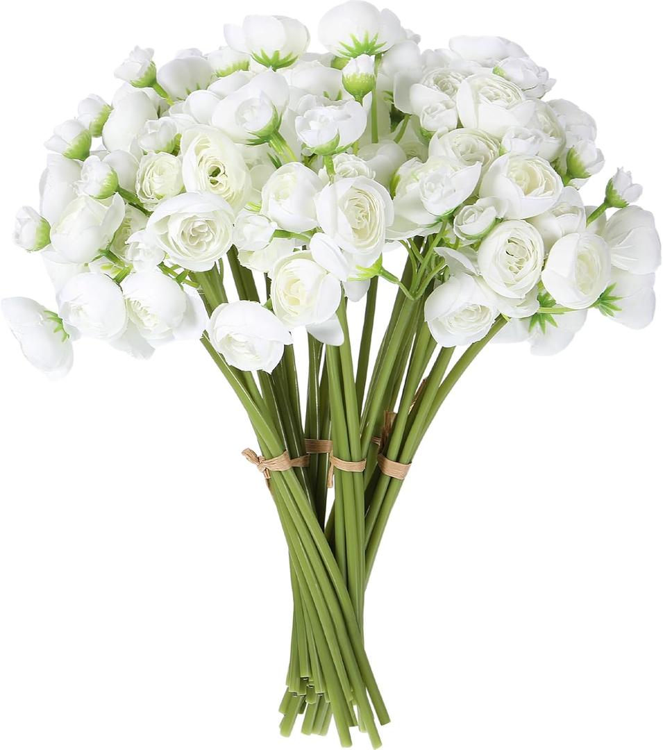 36 Pcs Ranunculus Artificial Flower Silk White Flower Realistic Faux Rose with Long Stems Fake Ranunculus Bouquet Wedding Flowers Bulk for DIY Bride Centerpiece Decoration(Ivory White)