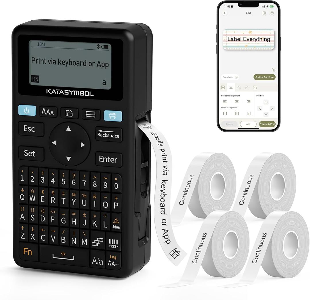 SUPVAN E11 Bluetooth Label Maker Machine with 4 Tapes, Support Keyboard & App with 40 Fonts and 450+ Icons, Rechargeable Inkless Labeler for Home, Kitchen, Office, School Organization, Black