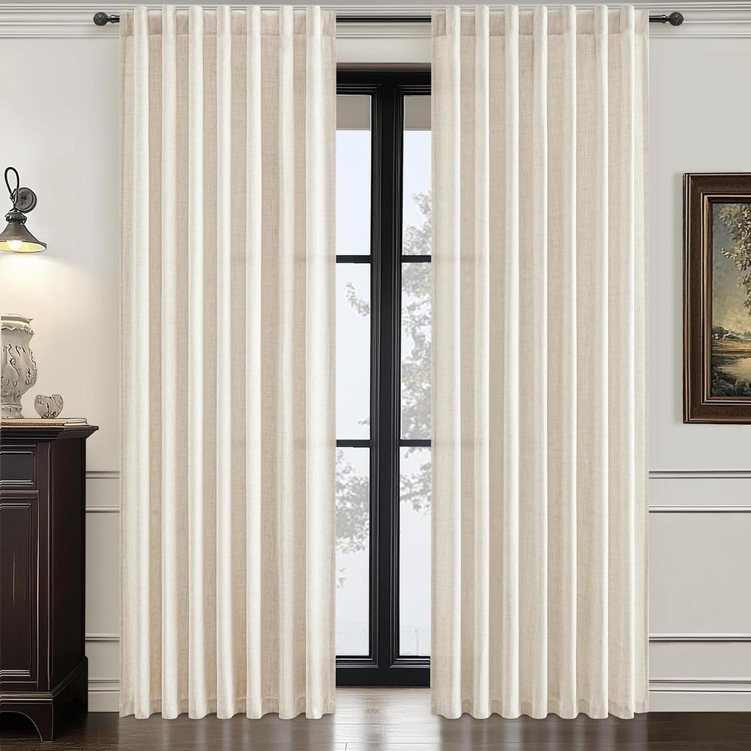 Linen Sheer Curtains 96 Inches Long 2 Panels Set for Living Room Sliding Glass Door, Light Filtering Semi Sheer Pleated Window Drapes 96 inch Pin Hooks&Tiebacks Boho Privacy W52xL96 Cream(Off White) (Birch)