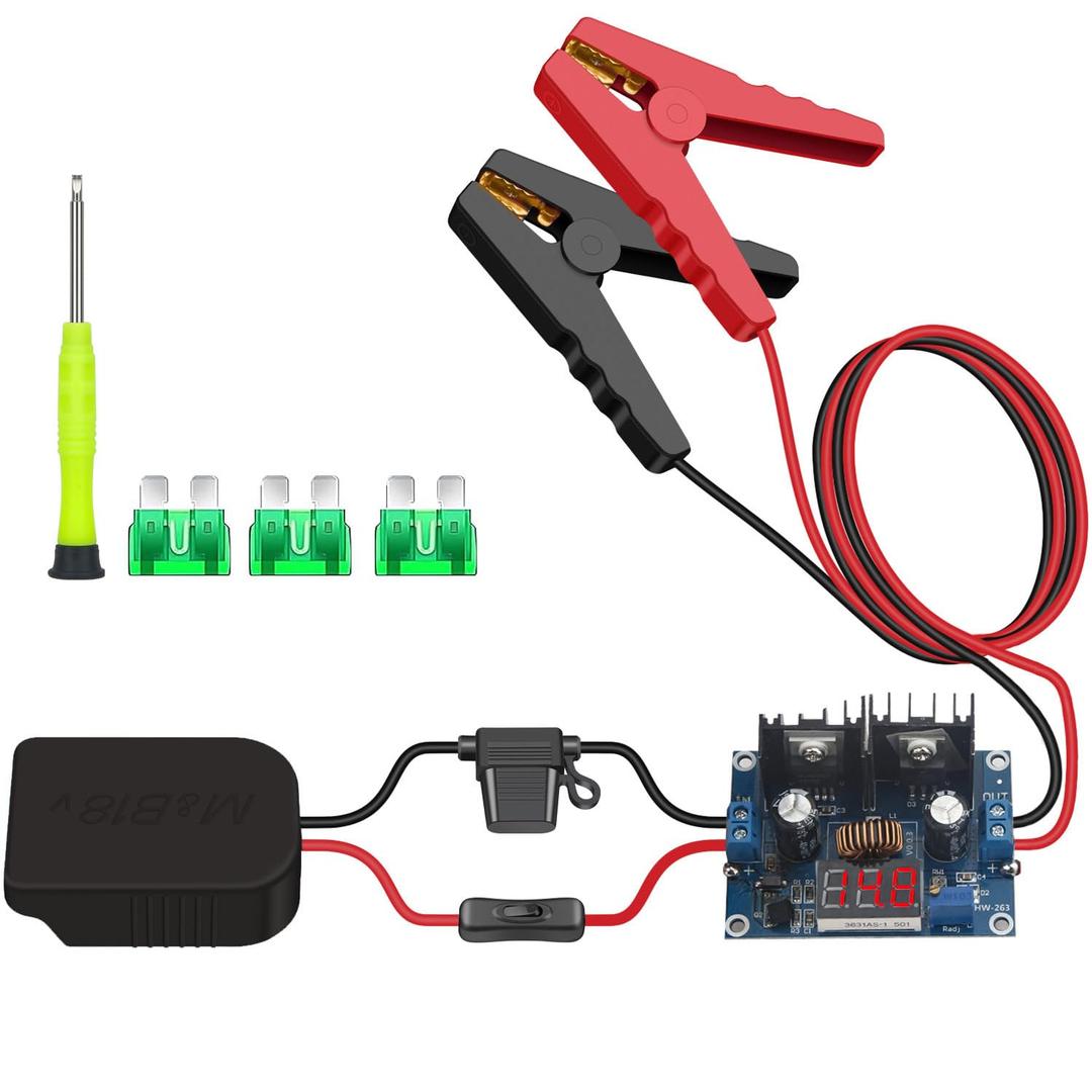 Jumper Cables Alligator Clips Compatible with Makita 18V Battery, 2FT Silicone Wire 14 AWG with Adjustable Voltage Stabilizing Module and Fuse & Off/ON & Digital Display for Car Battery Charging