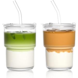 15oz Iced Coffee Cups with Lids Reusable,2Pcs Glass Matcha Cups,Glass Cups with Lids and Straws,Clear Glass Coffee Tumbler for Drinking Water,Tea,Juice
