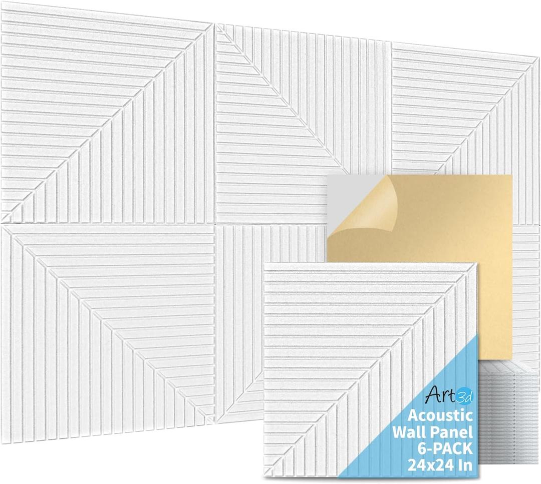 Art3d 6-Pack Self-Adhesive Acoustic Wall Panels for Home Dcor, 24 x 24 Inch Soundproofing Panels for Office Studio Bedroom - High Noise Absorption Polyester Fiber, White