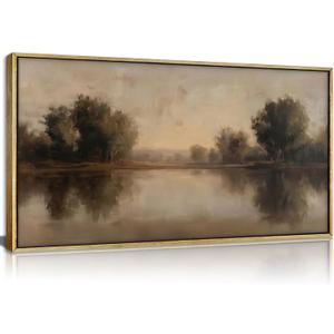 Framed Vintage Landscape Wall Art, Neutral Earthy Tone Lake and Trees Canvas Print, Retro Serene Nature Wall Decor for Living Room Bedroom Office, Ready to Hang, 48"L x 24"W