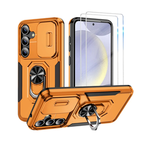 for Samsung Galaxy S24 Plus Case with Screen Protector, Slide Camera Lens Cover, for Samsung S24 Plus with Ring Stand,Heavy Duty Shockproof Full Body Protective Case for Galaxy S24 Plus (Orange)