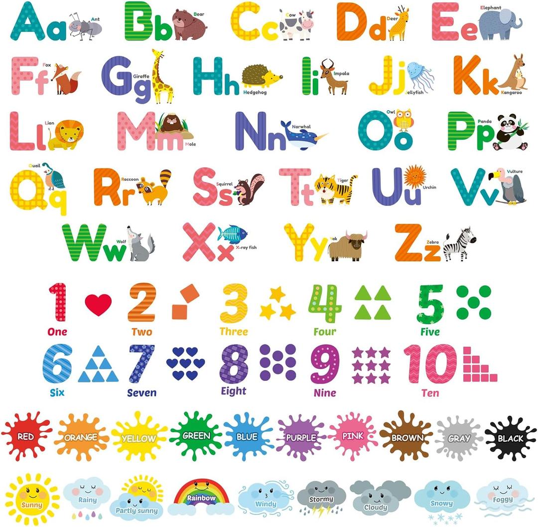 DECOWALL DS12-8070N Animal Alphabet Numbers Colour Weather Kids Wall Stickers Decals playroom Letters Decor Bedroom ABC Nursery Classroom Toddlers Learning Educational Baby Rainbow Colorful