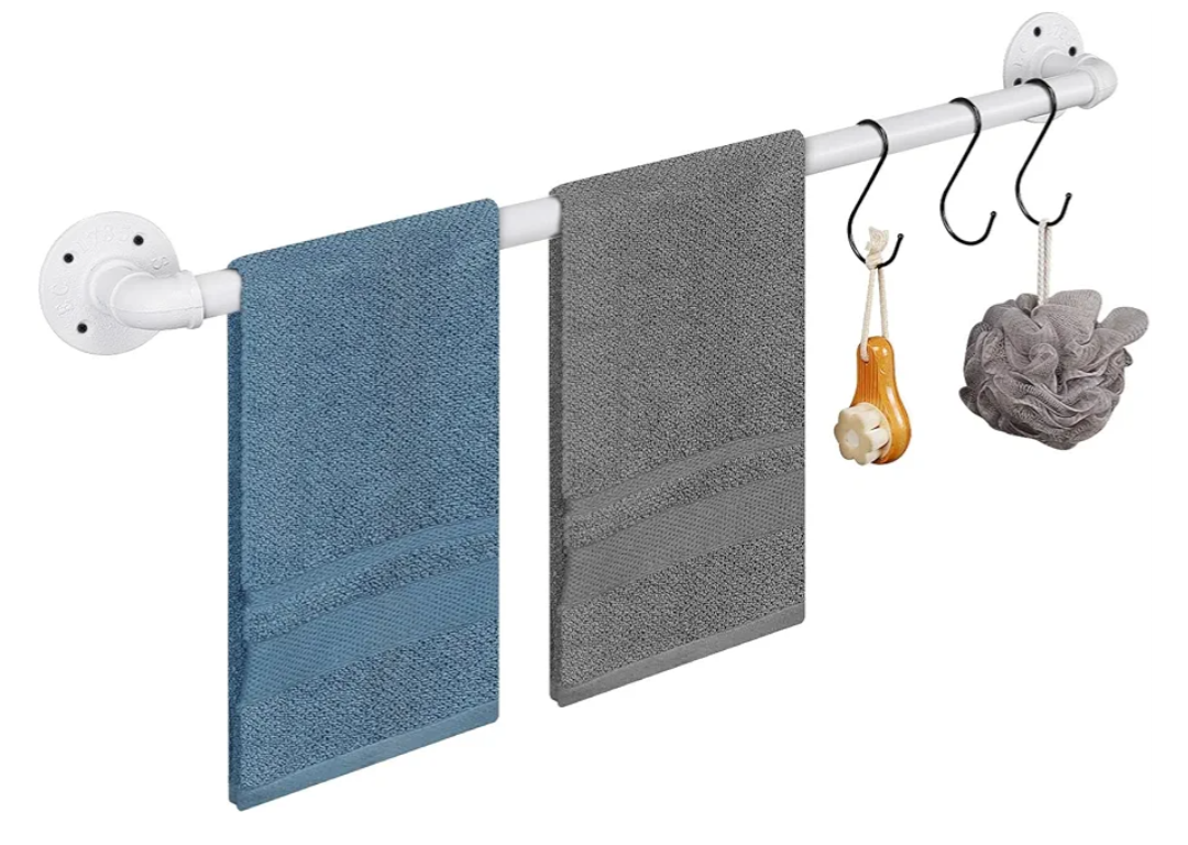 Industrial Pipe Towel Rack Towel Bar, Heavy Duty Wall Mounted Rustic Farmhouse Bath Towel Holder for Bathroom (White, 28 inch)