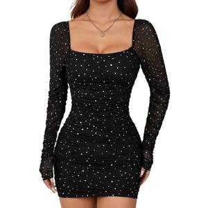 Womens Summer Dresses 2026 Loose Sequin Pleated Square Neck Long Sleeve Mini Dress, Size Small