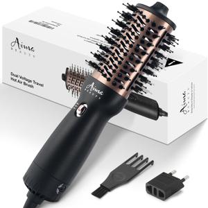 Aima Beauty 4 in 1 Worldwide Travel Hot Air Brush Dual Voltage Blowout Brush Oval Shape 110-120V/220-240V Straightener Blow Dryer Brush Negative Ionic Lock Moisture Gift 360 Swivel Cord Black