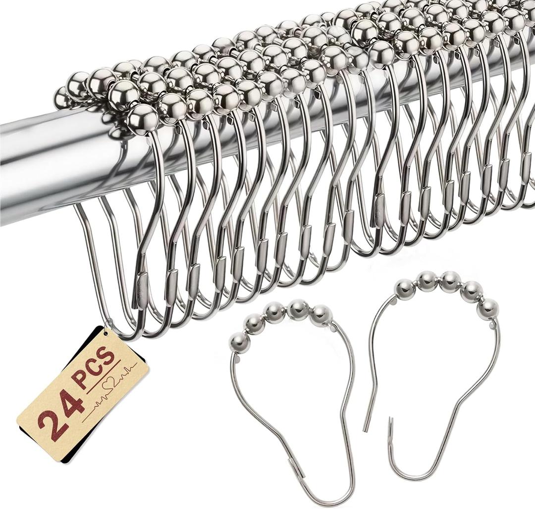 2 x Shower Curtain Hooks 24 Pack,Metal Ball Shower Rings Rust Proof with Rollers,Smooth Glide Shower Hooks for Bathroom,Decorative Shower Curtain Hangers for Curtains