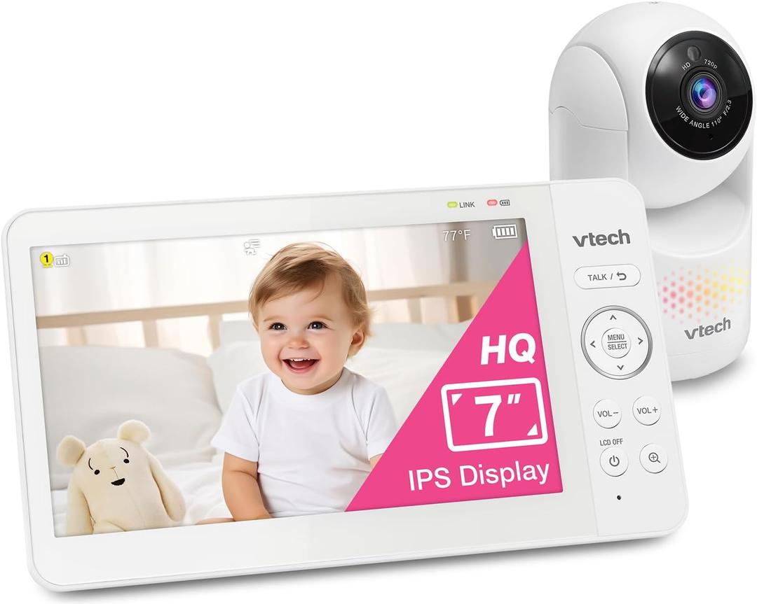 VTech Baby Monitor No WiFi with 7" IPS Screen & Remote Pan Tilt Zoom – 5000mAh 12Hr Video Battery, 1000ft Range, Night Vision, Multi-Color Night Light, Two-Way Talk | Advanced HQ Max