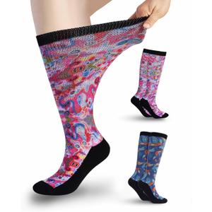 Diabetic Socks for Women & Men Extra Wide, Over The Calf Non Binding Lymphedema Neuropathy Swollen Feet for Women Men (G-cute Snake & Rainforest-2pairs) XL