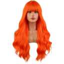 MAGQOO Orange Wigs for Women Girls Bright Neon Orange Wig with Bangs Long Curly Wavy Wigs Halloween Cosplay Costume Party Wig Synthetic Heat Resistant