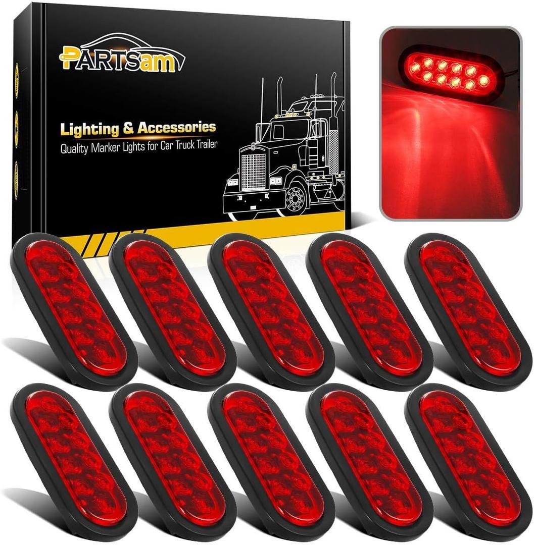Partsam 10Pcs 6" Inch Oval Led Trailer Tail Lights Red 10 Diodes Grommet and Plug Waterproof Turn Stop Tail Brake Trailer Lights Replacement for RV Trucks, DOT Compliant