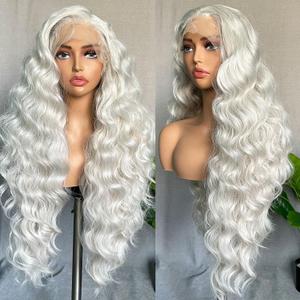 SOKU 13x6 Lace Frontal Wig 32 Inch Sliver Color Boby Wave Pre-plucked Hairline with Baby Hair Transparent Lace Heat Friendly Synthetic Light Grey Lace Front Wavy Wigs for Women Christmas Gift