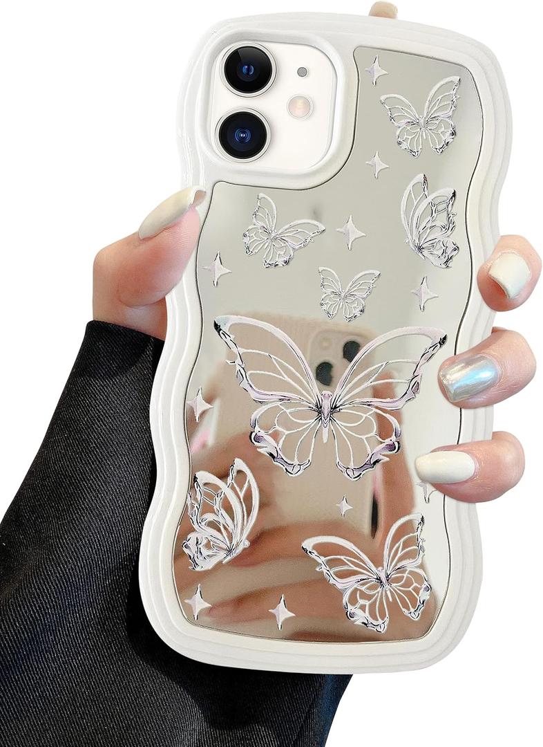 Jusy Compatible with iPhone 12/12 Pro Case with Wavy Edge, Cute White Butterfly Mirror Curly Phone Cases, Shockproof Hard PC & Soft TPU Bumper Protection Cover for Women Girls-Butterfly