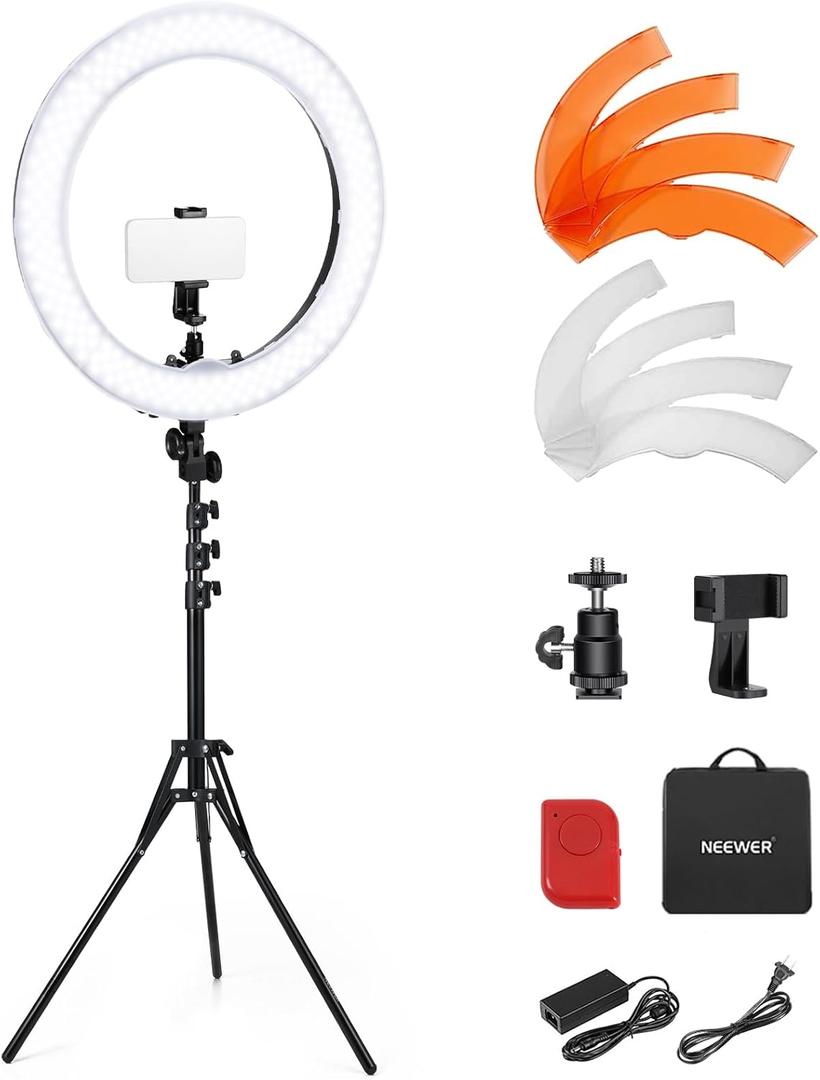 NEEWER 55W 18"/45cm Ring Light Kit [New Version], 5600K Dimmable LED Ringlight Tripod Stand Phone Holder for iPhone Selfie Makeup Lash Tattoo Studio Photo Video Recording Photography Lighting, RL-18