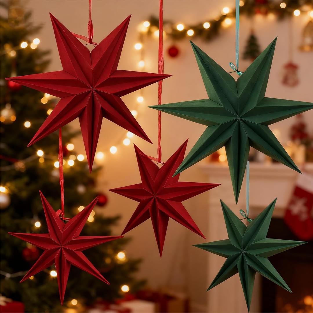 SUNBEAUTY Christmas 5Pcs Flocking Stars 7 Pointed 18 Inch 12 Inch Green Red Hanging Stars Lanterns Christma Hanging Lamp Decorations Wedding Birthday Christmas Home Party