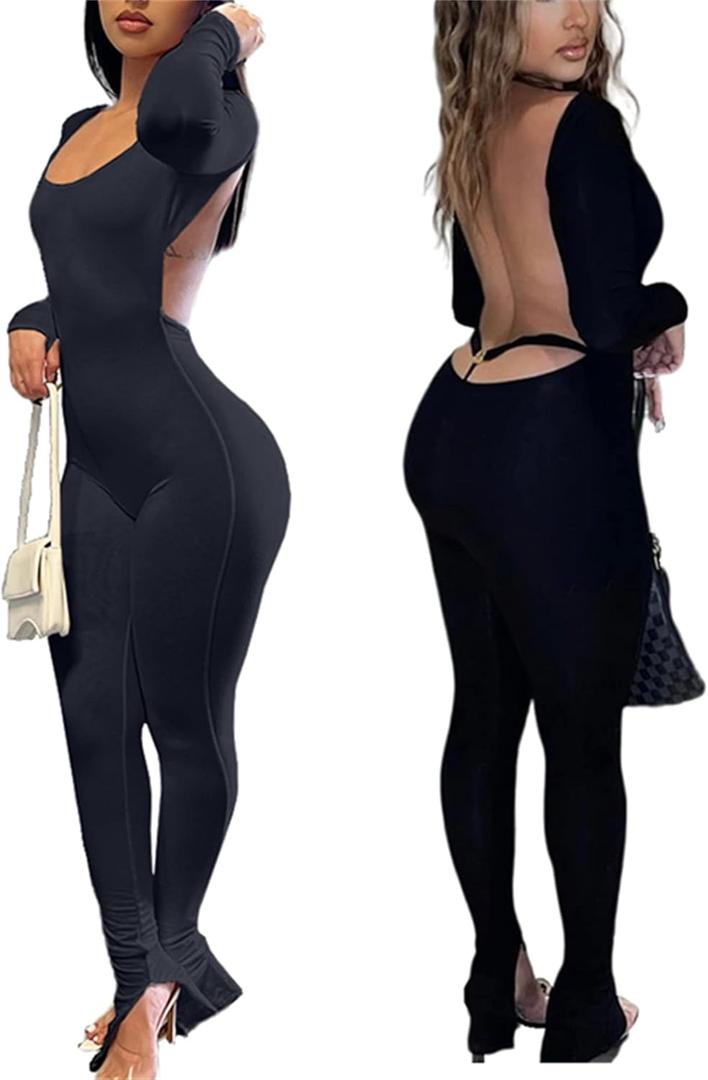 Womens Jumpsuit Long Sleeve One Piece Jumpsuits Leopard Print Sexy Backless Bodycon High Waisted Club Outfits Catsuits (Small, Solid Black)