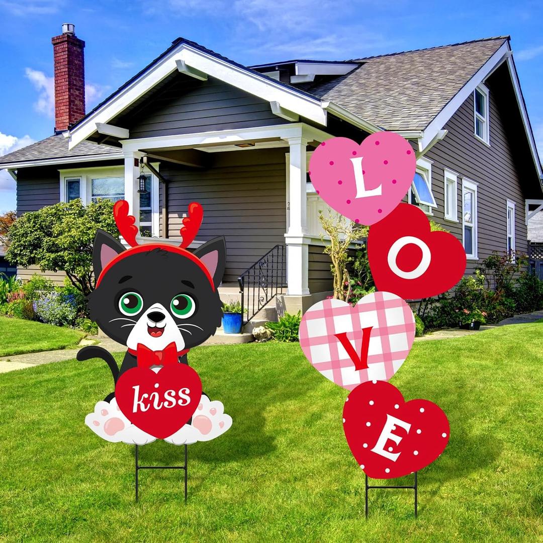 2 Pcs Valentine's Day Yard Sign Love Cat Metal Stakes Sweet Valentines Yard Decoration for Wedding Anniversary Outdoor Home Party Outside Lawn Pathway Walkway Patio Decoration