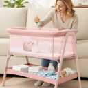Baby Bassinet, Bedside Bassinet for Baby, Bassinet Bedside Sleeper with Mattress, Storage Basket and 4 Auto-Lock Wheels, Full-Mesh Sides, Bedside Mini Crib for Newborn (Pink)
