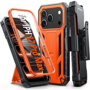 FNTCASE for iPhone 17 Pro-Max Case: Military Grade Rugged Phone Cover with Kickstand & Belt Clip Holster | Shockproof TPU Protection Bumper Matte Textured Design | Heavy Duty Protector Orange
