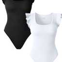 OQQ Women 2 Piece Bodysuits Sexy Ribbed Square Neck Ruffles Sleeve Stretch Fit Basic Tank Tops Bodysuits Black White (Medium)