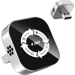 4 in 1 Screen Mirroring Wireless CarPlay Adapte, 2026 Upgraded Wired to Wireless for Apple CarPlay & Android Auto & AirPlay & MirrorLink, Mini USB Car Play Adapter with Type-C Extension, Plug and Play (Silver)