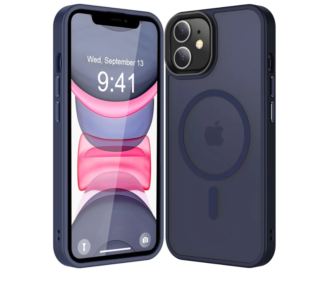 Strong Magnetic for iPhone 11 Case Compatible with Magsafe, [13FT Drop Resistant] Translucent Matte Skin Feeling Back, Aluminum Alloy Keys Shockproof Phone Case, Deep Blue Pack of 2