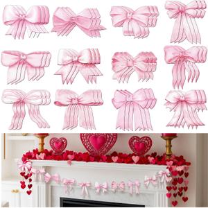 Bucherry 36 Pcs Valentine's Day Wooden Pink Bow Ornaments 3.54 Inch Double Sided Valentines Tree Decorations Coquette Bow 3D Hanging Pendants for Home Party Decoration
