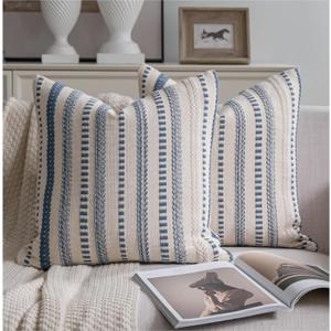 Cethom Blue and Beign Boho Throw Pillow Covers 18x18 Inch Set of 2, Stripe Textured Decorative Couch Pillow Cases for Bed, Sofa, Living Room, Bedroom, Farmhouse Home Accent Cushion Covers