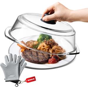 Glass Microwave Splatter Cover for Food Plates & Cookware with Oven Mitts, Borosilicate Glass Splatter Lid Guard with Vent Hole & Easy Grip Silicone Handle, 100% BPA Free & Dishwasher Safe