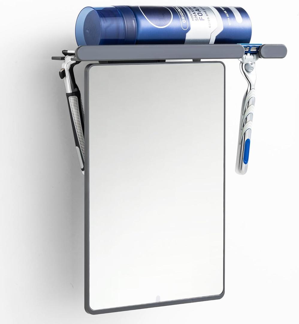 TAILI Mirror Fogless for Shaving with Razor Holder, Anti-Fog with Powerful Suction Wall Mounted for Bathroom, Makeup Shave Mirror for Men & Women, Shatterproof & Removable, Grey (10.1"L x 9.8"W)