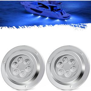 Partsam 2Pcs Blue 6LED Round Underwater Boat Lights, Transom Light for Yachts Boats Sailboat Pontoon, IP68 Waterproof, Stainless Steel housing, Surface Mount, 12V