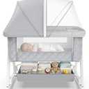 Baby Bassinet, 5 in 1 Bedside Bassinets for Baby, Bassinet Bedside Sleeper with Wheels, Mosquito Net, Adjustable Height, Easy Folding & Storage Basket, Single Extra Large
