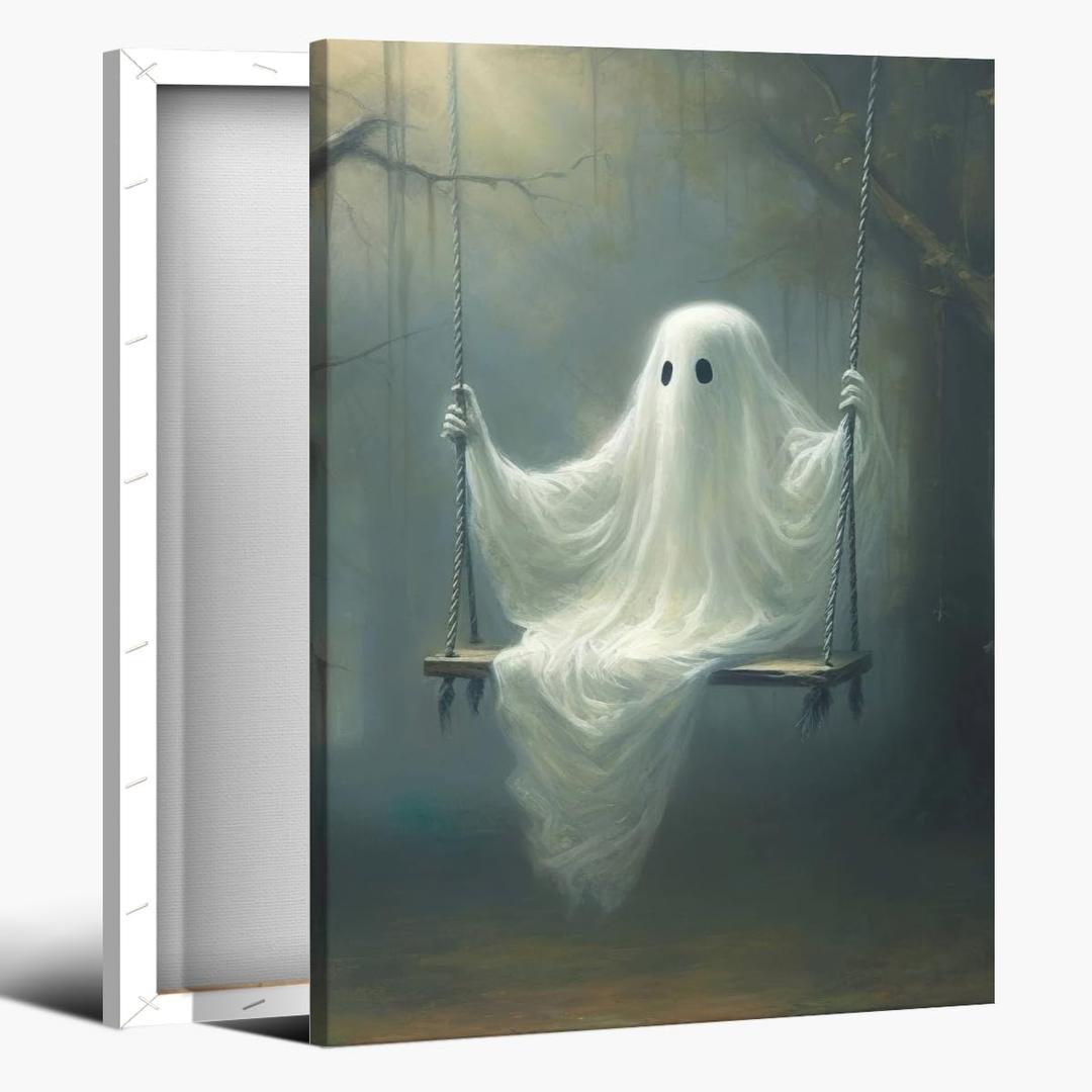 Vintage Halloween Wall Art Ghost On The Swing Poster Canvas print dark academia Room Decor Face Spooky Gothic for Halloween Party House Decor 8x12inch Framed (style-3)