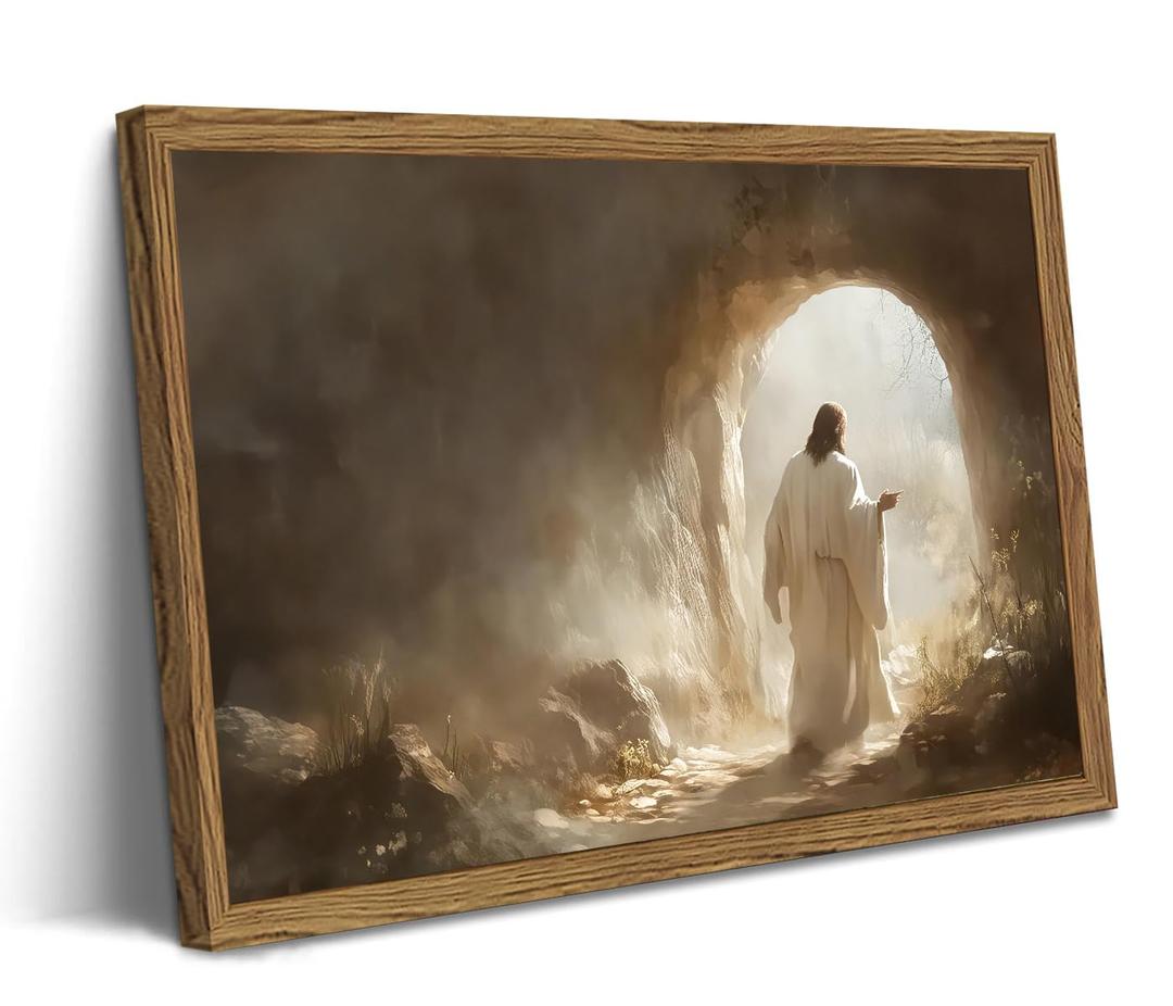 Framed Jesus Wall Art, Christian Jesus Resurrection Paintings Wall Decor, Leaves the Tomb Pictures Canvas Prints Religious Home Decor for Living Room Bedroom Church Prayer Room 16x24 inch