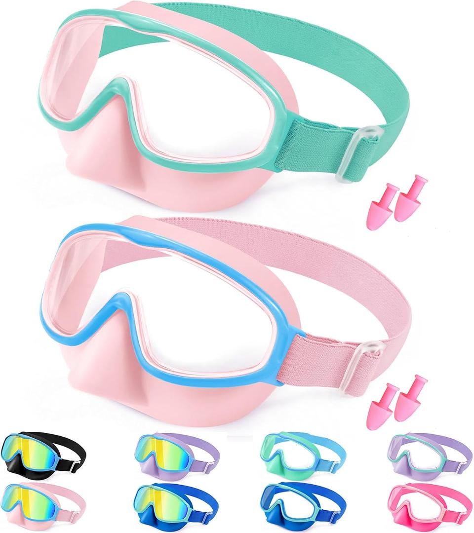Vvinca Kids Goggles with Comfort Fabric Strap, Kids Swim Goggles Wide View Anti-Fog/UV No Leaking Swimming Goggles for 3-14 (13-pink Blue& Pink Mint Green)