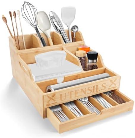 Kitchen Utensil Holder with Drawer, Farmhouse Spatula Organizer for Countertop,Large Capacity Flatware Spoon Forks Knives Cooking Tool Cutlery Holder for Party Picnic BBQ with 11 Compartments (Wood)