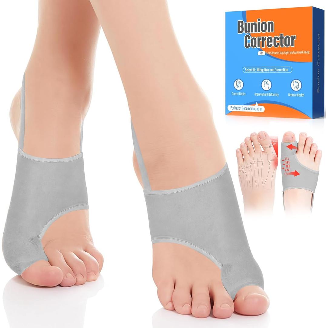 2PCS Bunion Corrector for Women & Men - Toe Alignment Corrector with Splint & Pad for Hallux Valgus Pain Relief, Toe Separator for Day/Night Support, Anti Slip Gel Strap for Big Toe Straightener(Gray)