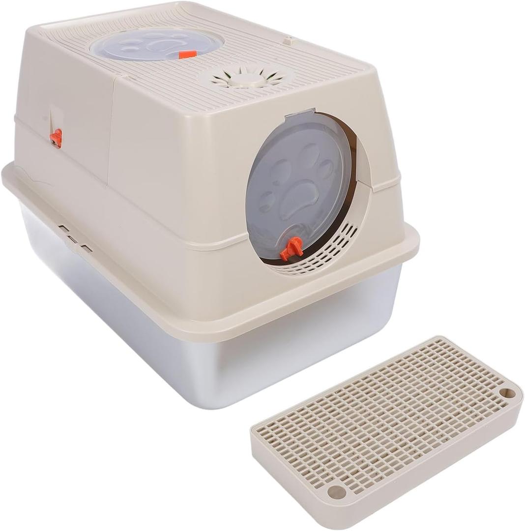 Enclosed Stainless Steel Cat Litter Box with Lid, Large High Sides Metal Litter Box, Metal Covered Litter Pan with Scoop, Metal Litter Pan Tray, Anti Urine Leakage, Easy Cleaning (Khaki)