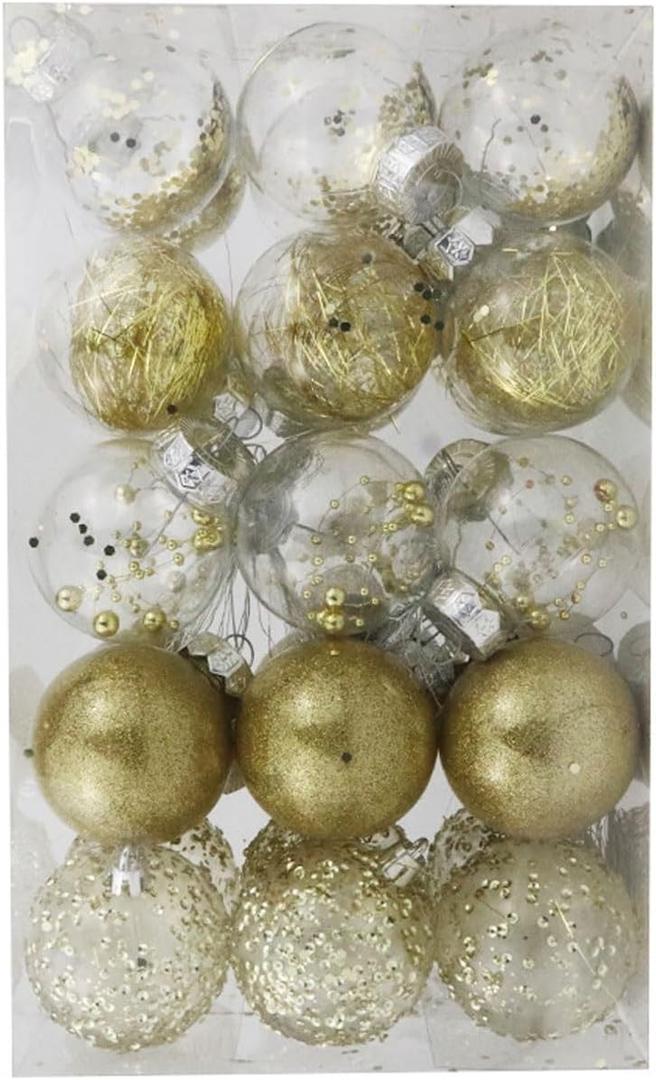 Shatterproof Clear Plastic Christmas Ball Ornaments 30PCS Decorative Baubles Set with Stuffed Delicate Decorations 2.36'' Hanging Ball for Xmas Tree(Gold)