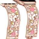 Floral Bracelet Compatible with Apple Watch Band 38mm 40mm 41mm 42mm iWatch Bands Series 11 10 9 8 7,Bling Crystal Hollow Metal Strap,Cute Women Dressy Jewelry Wristband(38/40/41/42mm,Rose Gold)