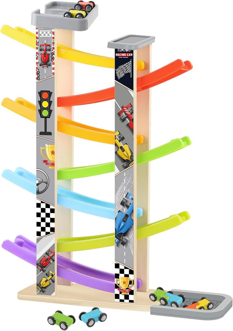 Wooden Race Track Car Ramp Toy, Montessori Car Ramp Set with 7 Mini Cars, 7 Ramps, Parking Lots  Educational Gift for Boys & Girls 3+Years Toys