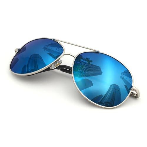 J+S Premium Military Style Classic Aviator Sunglasses, Polarized, 100% UV protection for Men Women (Large Frame - Silver Frame/Blue Mirror Lens