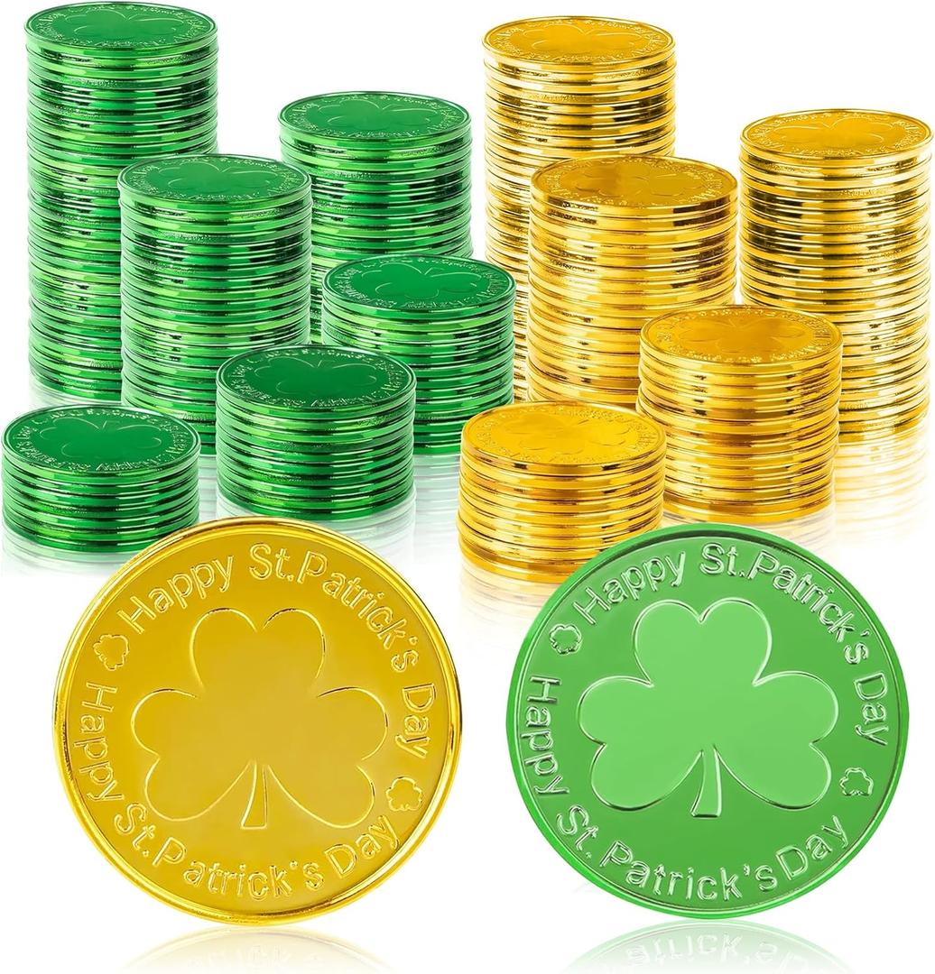OHOME Gold Coins St Patricks Day - 120 Pieces Shamrock Plastic Coins Green and Gold St. patrick's Day Accessories for St Patricks Day Decorations Birthday Crafts Party Favors | St Patricks Day Decor