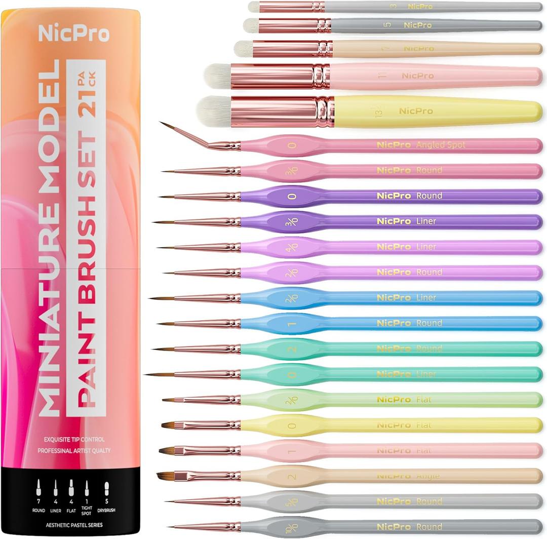 Nicpro 21PCS Fine Detail Paint Brush Drybrush Set, Aesthetic Pastel Fine Tip Miniature Paint Brushes for Acrylic Oil Watercolor, Crafts, 40K Models, Miniatures, Rock Painting, Paint by Numbers