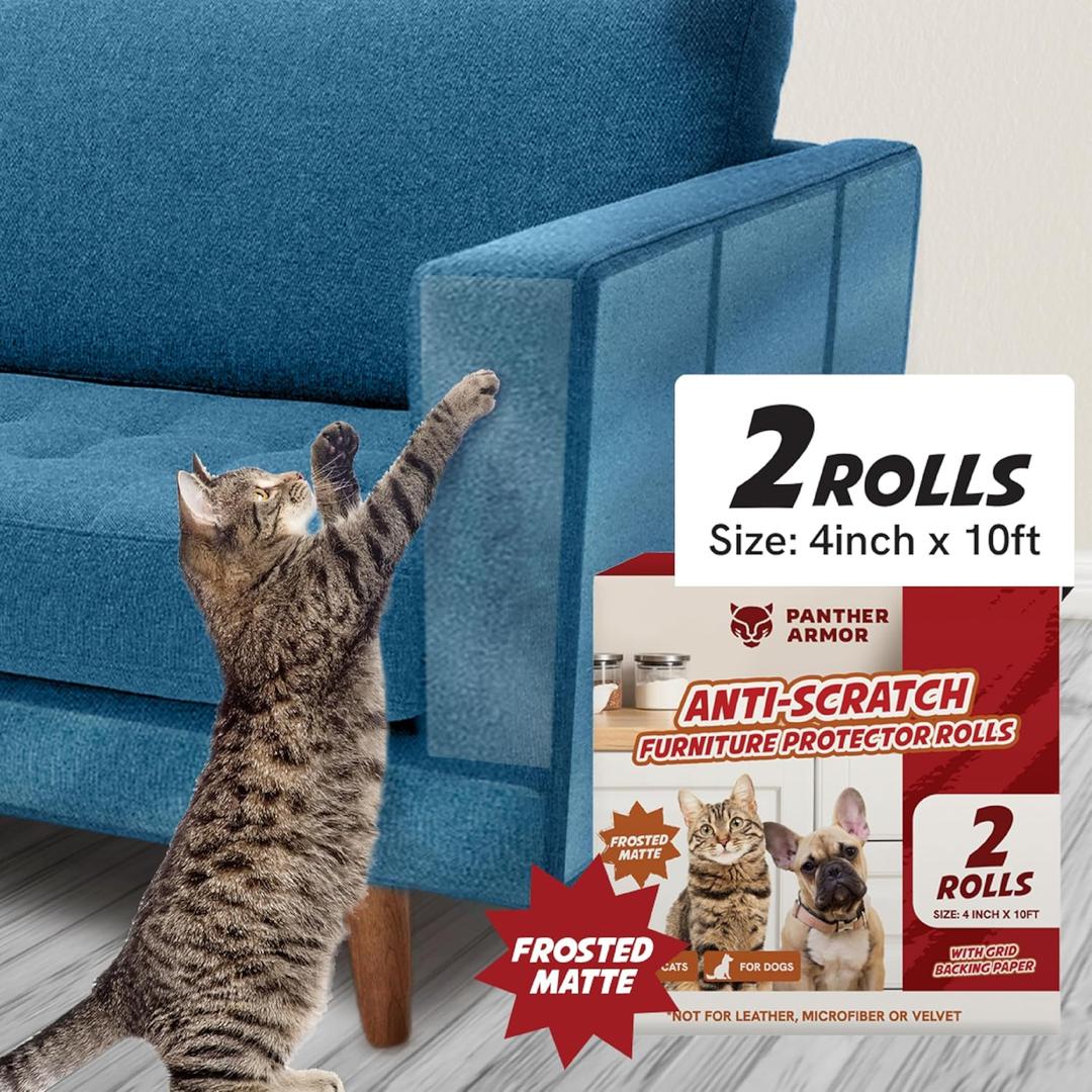 Panther Armor Frosted Matte Cat Scratch Tape for Furniture, Couch Protector, Single Side Sticky Tape for Pets to Stop Scratching, 4 in x 10ft, No Pins Required, Corner Protection (Rolls 2  4" x 20ft Each)
