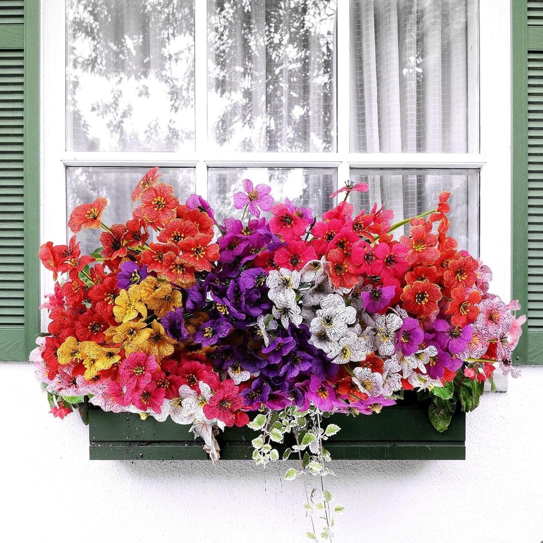 24 Bundles Artificial Flowers for Outdoors/Indoors, Faux Flowers Artificial Plants for Decoration Hanging Planter Garden Porch Window Home Wedding Banquet Decor